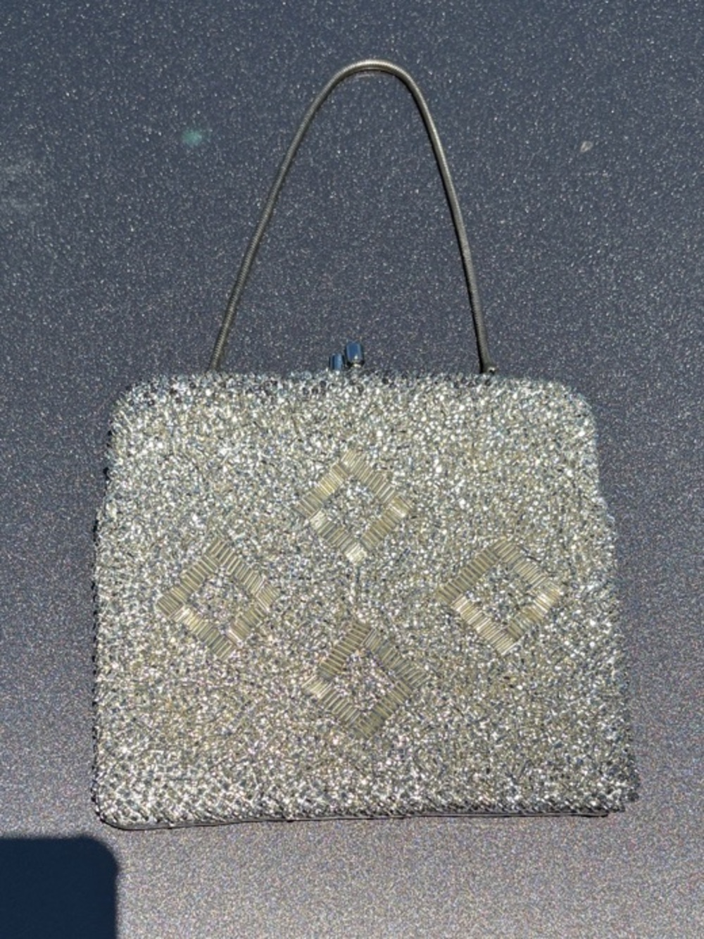Vintage Silver Beaded Evening Clutch - Sparkling Diamond Pattern